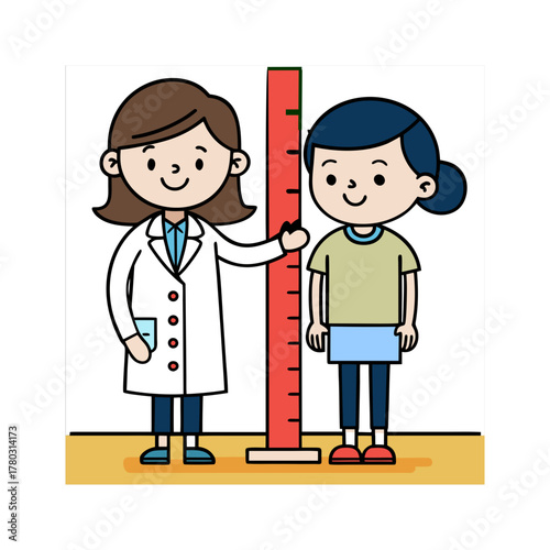 Doctor measuring child s height with a red stadiometer in a medical setting