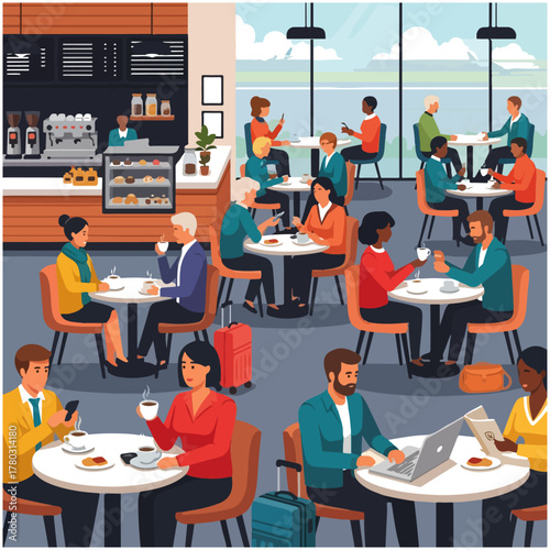 Diverse group of people enjoying coffee and working in a modern airport lounge with large windows overlooking a tarmac.