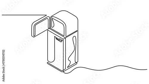 One line drawing of refrigerator in retro style. Continuous line drawing of Home appliance, fridge, kitchen refrigerator in single line draw vector illustration, isolated on white background.