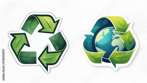 Two recycling symbols with leaves and an earth graphic