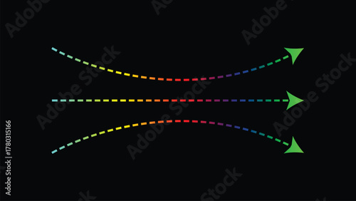 Curved Gradient Arrows. Colorful Dashed Path Motion Design. Abstract Arrows Background