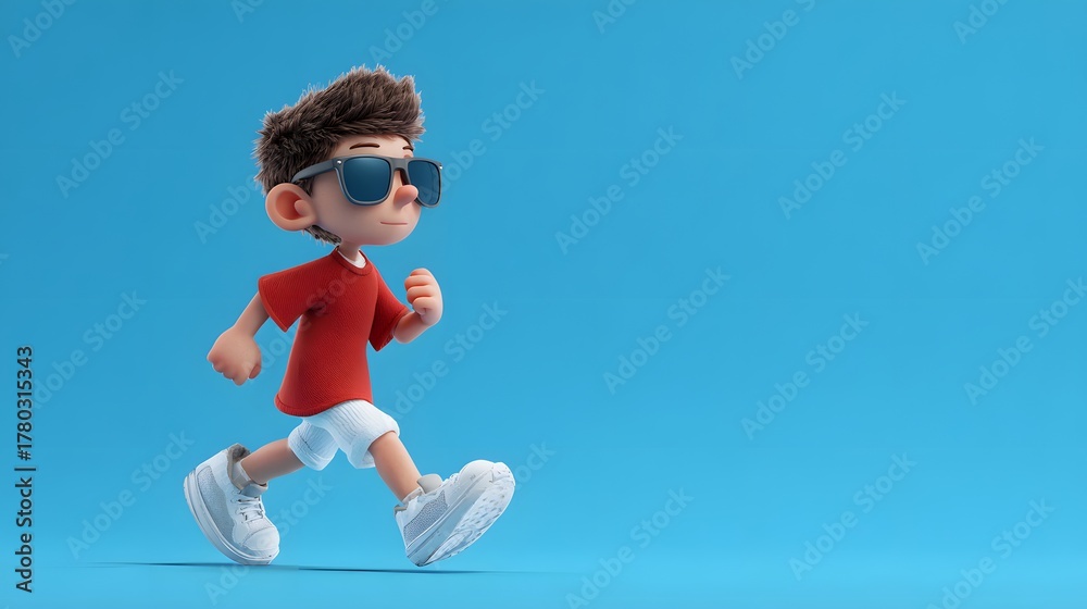 Obraz premium Stylish Cartoon Kid in Sunglasses Running Against Blue Background