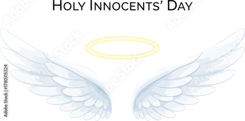 Holy Innocents Day graphic with angel wings and halo