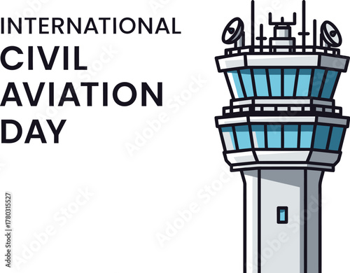 International Civil Aviation Day illustration with air traffic control tower
