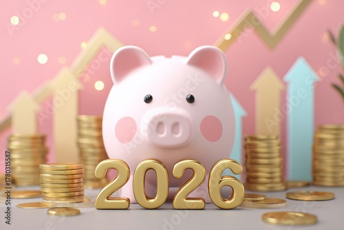 Piggy Bank with 2026 Savings Goal and Growing Coins
