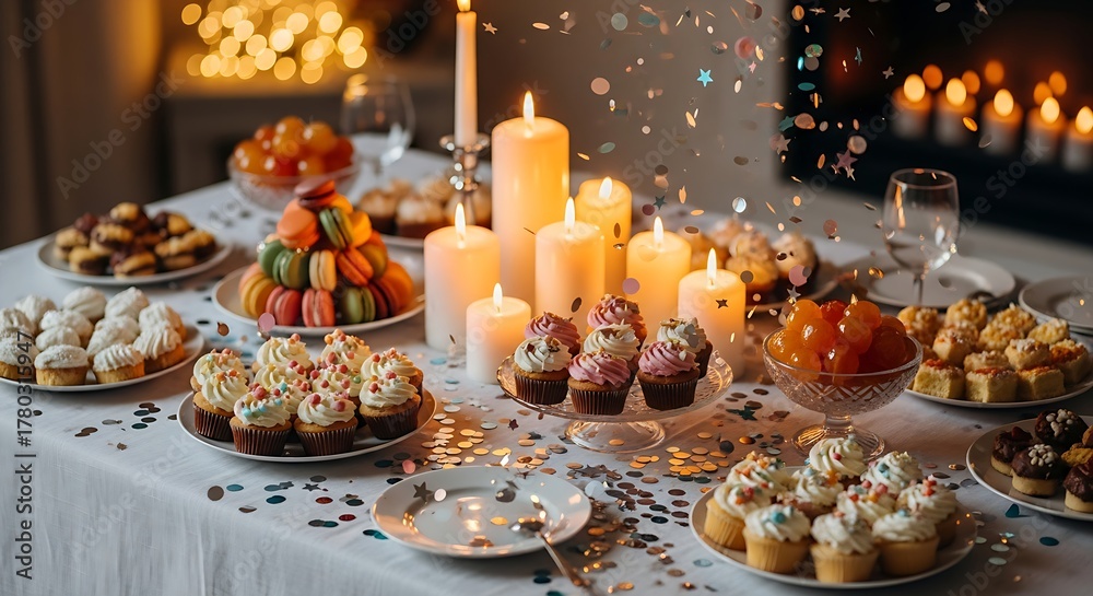 Naklejka premium Luxury festive candlelight dinner with cupcakes, desserts, and glowing bokeh lights creating a warm, cozy, romantic holiday atmosphere.