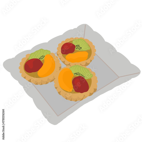 A delightful and charming vector illustration featuring three individual fruit tarts served on a simple tray