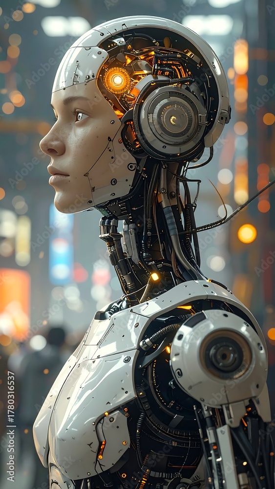 Fototapeta premium Portrait of a cyborg, half-human, half-machine, set against a blurred city backdrop with bokeh lights