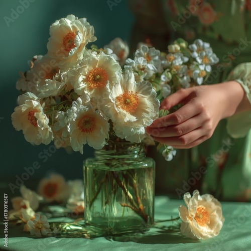 Elegant peonies and wildflowers arranged in glass jar for a serene, fresh aesthetic perfect for springtime designs and delicate, feminine projects