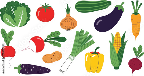 Collection of colorful hand drawn fresh delicious vegetables isolated on white background. Bundle of healthy and tasty vegan products, wholesome vegetarian food.
