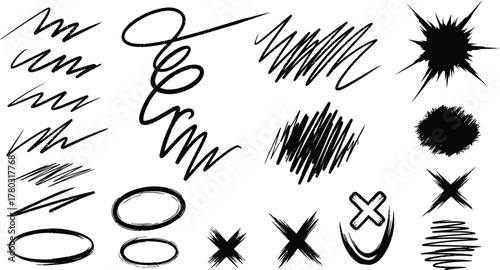 Hand drawn charcoal pencil lines, smears and squiggles set. Scribble black strokes, curly scribbles. Grungy graphite pen art brushes, textured doodle