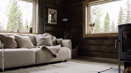 Cozy Living Room Scene With Wood Burning Stove and Comfortable Sofa Surrounded by Forest View Through Windows