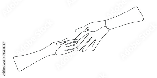 One line art of hands reaching out, connection and support