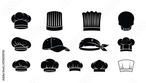 Collection of chef hat icons black silhouette flat vector set restaurant kitchen culinary concepts