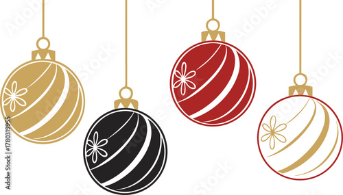 Elegant Christmas ornament set with gold caps and detailed reflections, isolated on transparent background, 3D vector look.