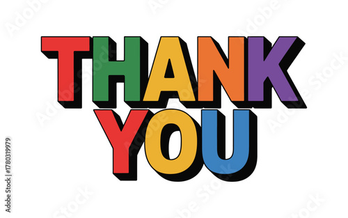 Colorful bold letters spell out the words "THANK YOU" against a white background.