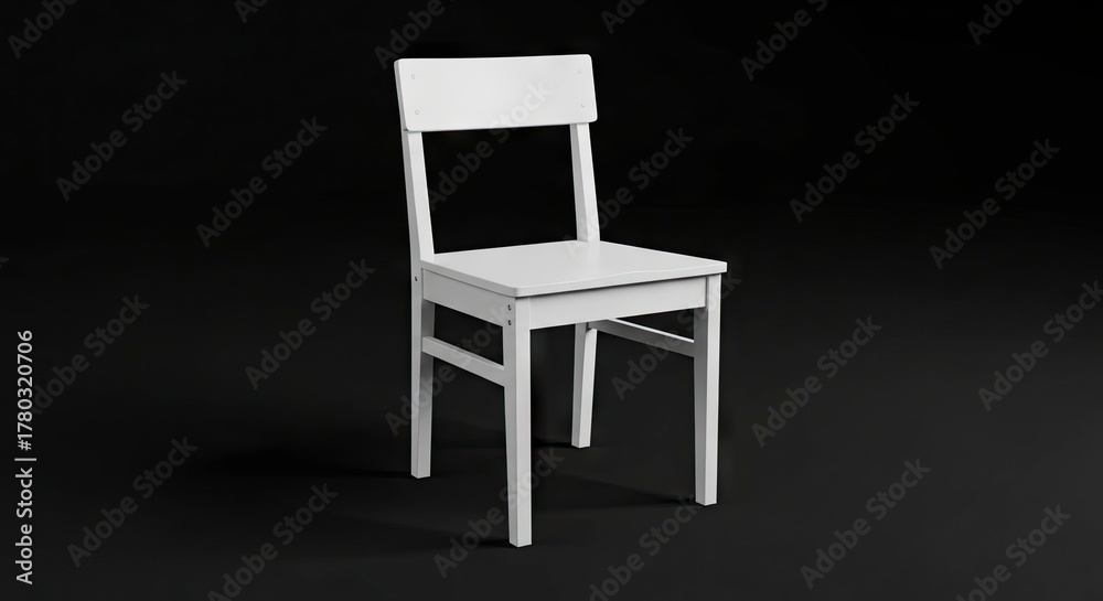 Fototapeta premium A white wooden chair stands against a solid black background welllit and casting a shadow