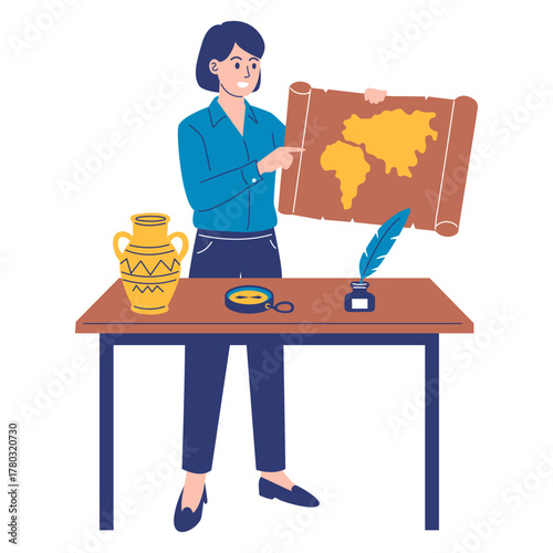 Female historian or teacher presenting an old world map with historical artifacts