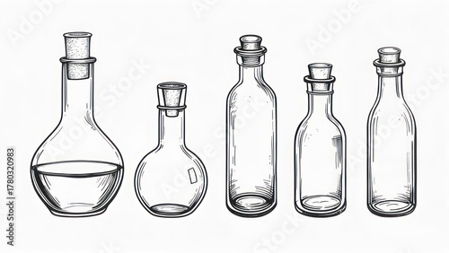 Hand-drawn illustration of various glass bottles and flasks