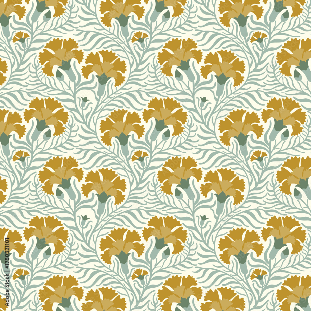 Obraz premium Seamless Art Nouveau floral pattern featuring stylized mustard yellow/ochre carnations and swirling mint stems. An elegant, rhythmic, and intricate botanical illustration for vintage textiles.