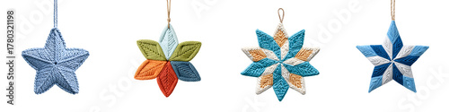 Knitted Star Ornaments in Blue Shades, Isolated on White