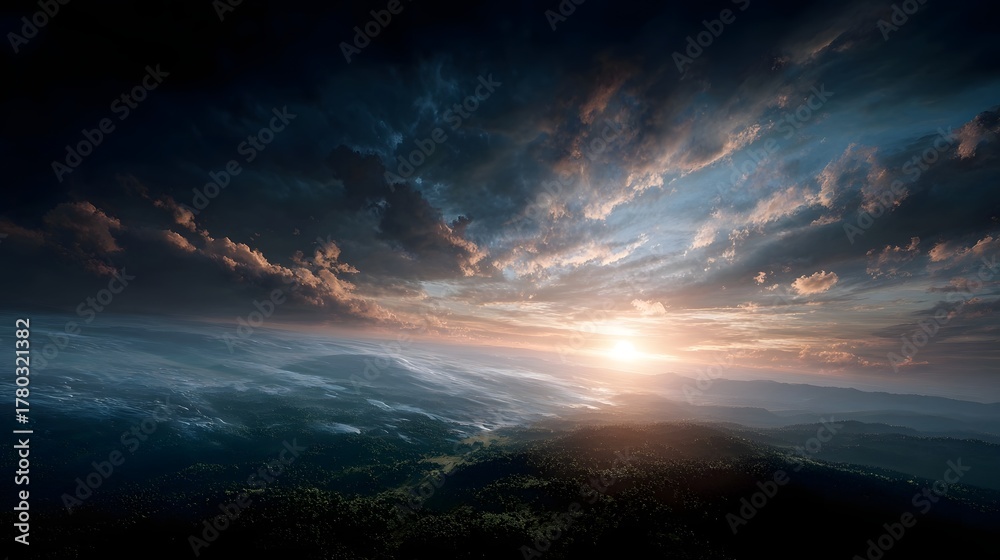 Fototapeta premium A dramatic sunset casts golden light over a vast misty mountain landscape and forested valley creating an aerial view