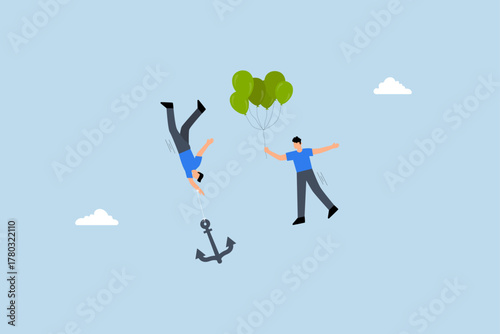 Business ranking up or down, entrepreneur grasping balloon that ascends, in contrast to others descending with an anchor.