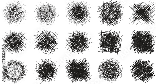 Hand drawn charcoal pencil lines, smears and squiggles set. Scribble black strokes, curly scribbles. Grungy graphite pen art brushes, textured doodle