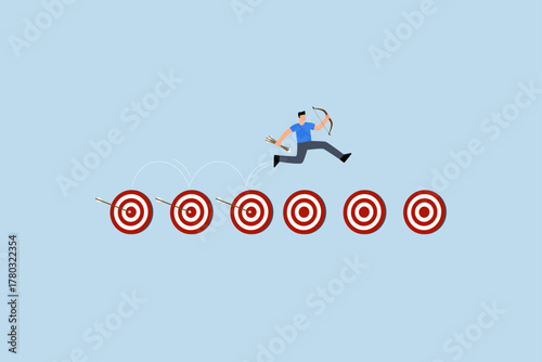Goal tracking, Entrepreneur with bow and arrow leaps towards accomplished goals.