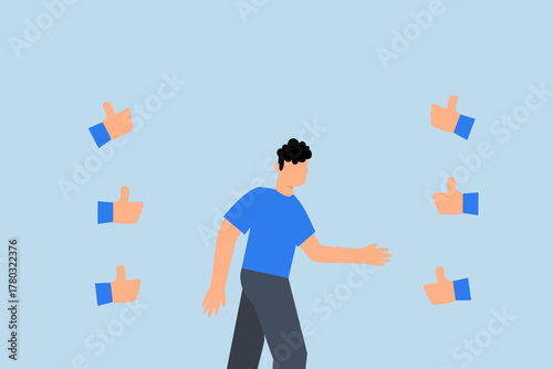 Appreciate, entrepreneur admired by peers giving thumbs up for his assistance and achievements.