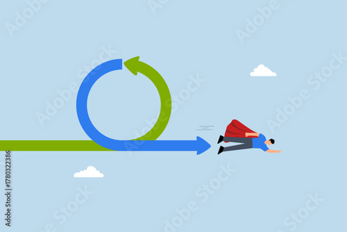 Agile methodology in project management or software development, businessman superhero fly with agile cycle.