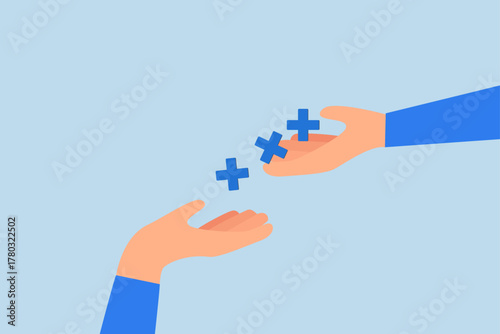 Forward positivity, businessman extends hand with a positive plus sign to his colleagues.