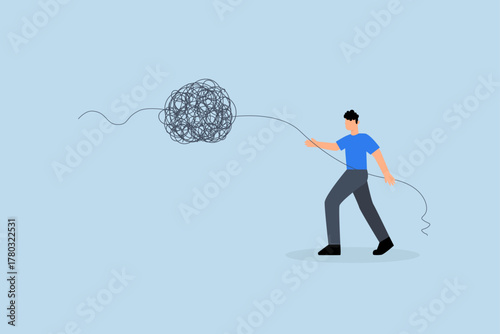 Unravel tangle problem, businessman manager unravel tangled rope.
