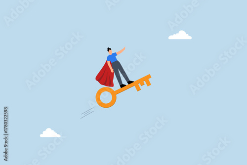 Key success to unlock true potential to win business, businesswoman leader ride gold key success.