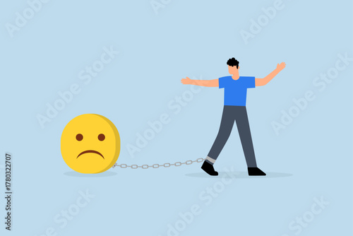 Stressed burden, depressed businessman chain with sad face burden.