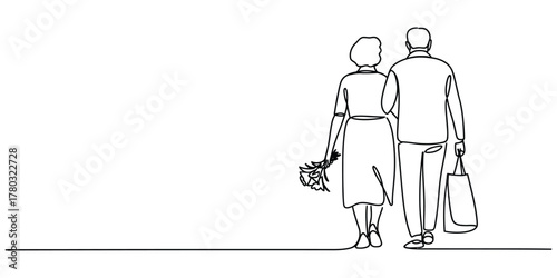 Continuous line drawing of elderly couple walking arm in arm