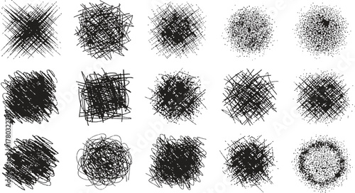 Hand drawn charcoal pencil lines, smears and squiggles set. Scribble black strokes, curly scribbles. Grungy graphite pen art brushes, textured doodle