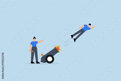 Coaching help boost career advancement, woman ignite cannon to launch businessman.