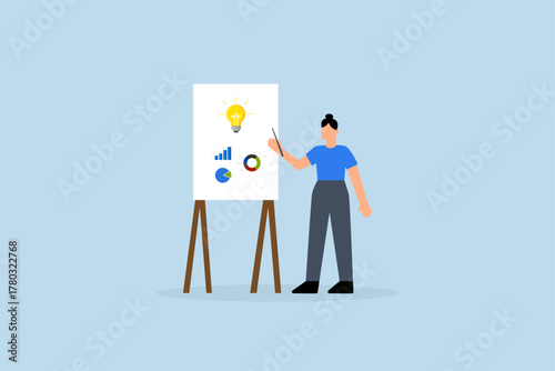 Present idea, businesswoman presenting new lightbulb idea with graph and chart.