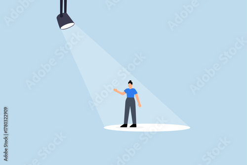Woman in spotlight, exceptional entrepreneur standing in vivid spotlight.