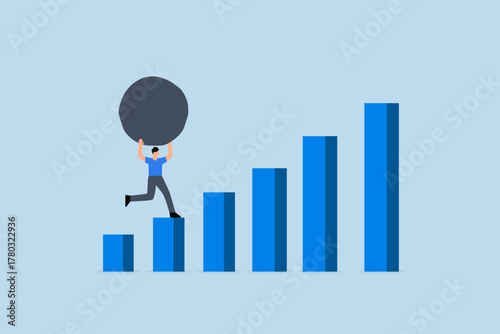 Difficult task, Weary entrepreneur lifts large stone to ascend toward achievement.