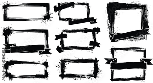 Set of paint brush grunge border frame. black grunge rectangles on a white background. Paint brush stamp collection. 