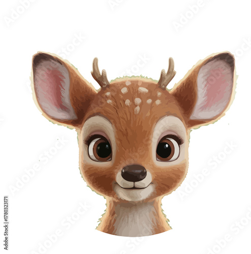 Adorable baby deer head illustration with big expressive eyes, a cute and charming woodland fawn character