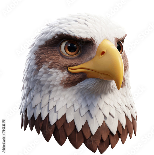 Stylized 3D illustration of a majestic bald eagle head, a powerful symbol of freedom and strength isolated on a white background