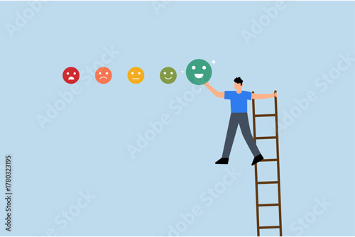 Customer satisfaction,young man ascends ladder to provide enthusiastic smile feedback rating.