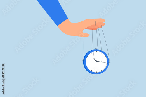 Control time, entrepreneur manipulates time using a clock puppet.