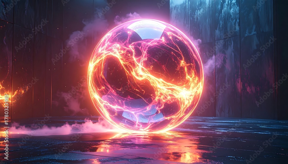 Obraz premium Glowing orb with fiery plasma inside, sitting on a reflective surface with smoke and dark stone walls