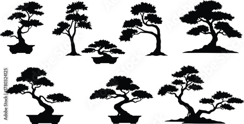 Bonsai tree silhouette collection, black vector bonsai icons, Japanese miniature trees, elegant plant shapes, nature art, isolated illustrations, zen