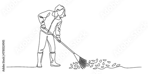 One continuous line drawing of person raking dry autumn leaves chore