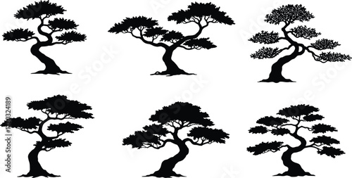 Bonsai tree silhouette collection, Japanese art style, black vector trees, minimal nature icons, elegant pruning shapes, zen garden illustration set